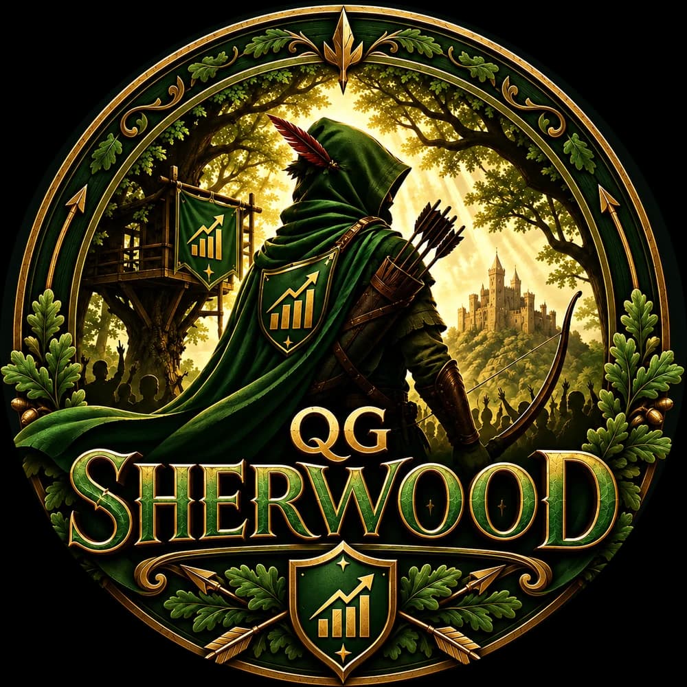 QG Sherwood crest: a hooded guardian in Sherwood, framed by oak leaves and gold.